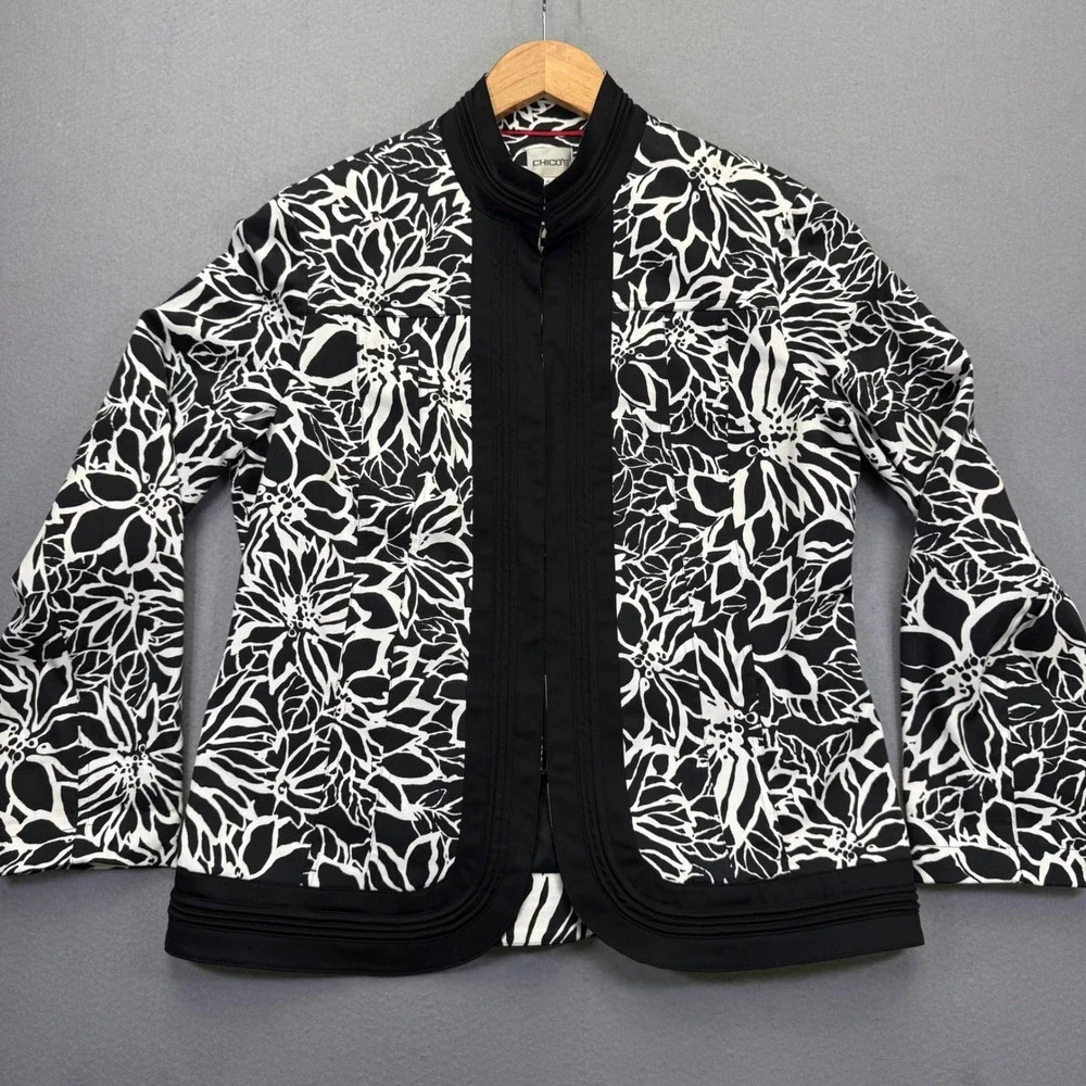 Chicos Womens Black White Floral Open Front Blazer Jacket Size 3 XL Cotton Blend